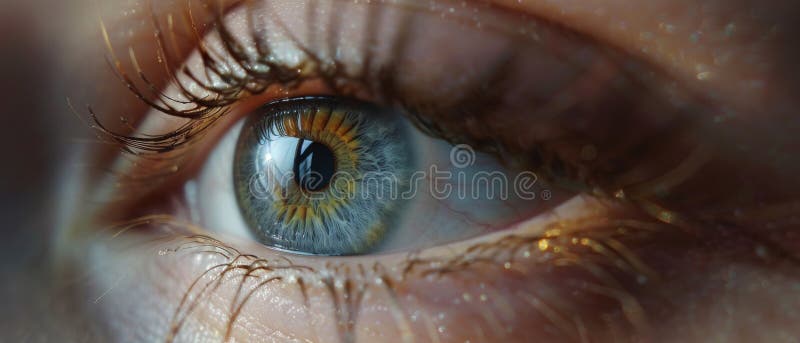 This is a macro shot of an eye. The Iris of a young, beautiful female has a beautiful light blue, yellow and brown pigmentation. Mascara is applied to the lashes. This is a detail biological picture. AI generated. This is a macro shot of an eye. The Iris of a young, beautiful female has a beautiful light blue, yellow and brown pigmentation. Mascara is applied to the lashes. This is a detail biological picture. AI generated