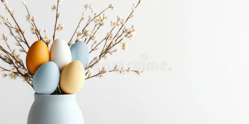 Diese wunderschöne Osteranordnung zeigt pastellfarbene dekorative Eier, die mit zarten Zweigen verwoben sind lizenzfreies stockbild