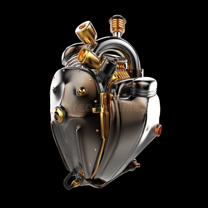 Dieselpunkroboter techno Herz Maschine mit Rohren, Heizkörpern und glatter dunkler Bronzemetallhaube zerteilt Getrennt lizenzfreies stockbild