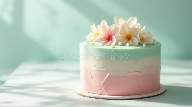 Dieser köstliche Kuchen ist pastellgrün und rosa mit frischen Blumen geschmückt, die eine lebendige Atmosphäre verleihen. lizenzfreie stockfotografie