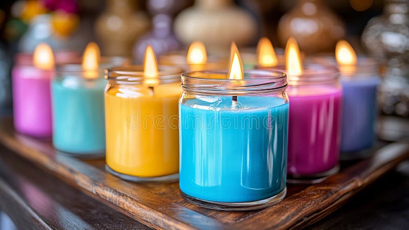 Dieses exquisite Sortiment an bunten Kerzen wird Ihnen sicher ein warmes Glühen bringen stockfotos