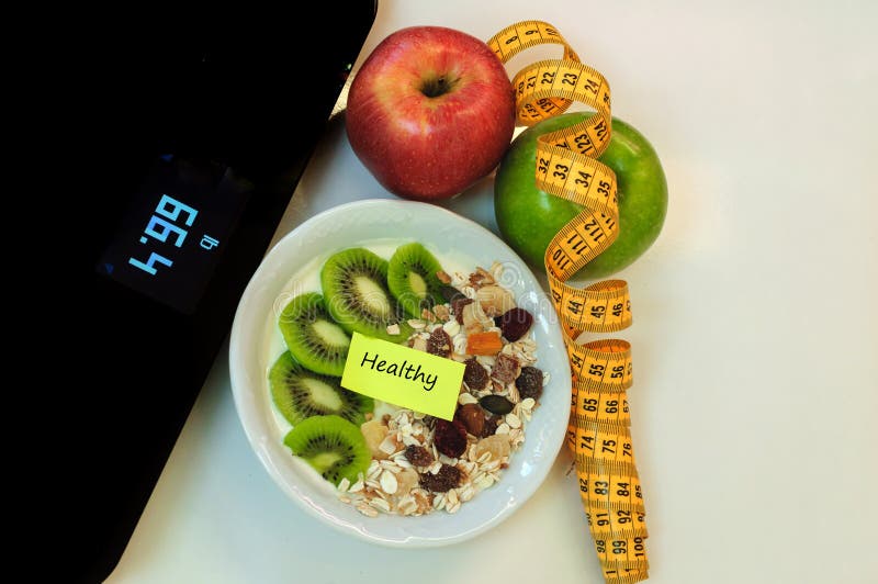 Diet Concept, Apples and Yogurt Bowl and Cereals, Healthy Diet Stock
