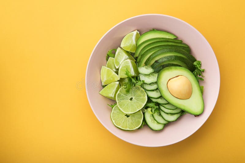 Diet concept food on a pastel yellow background