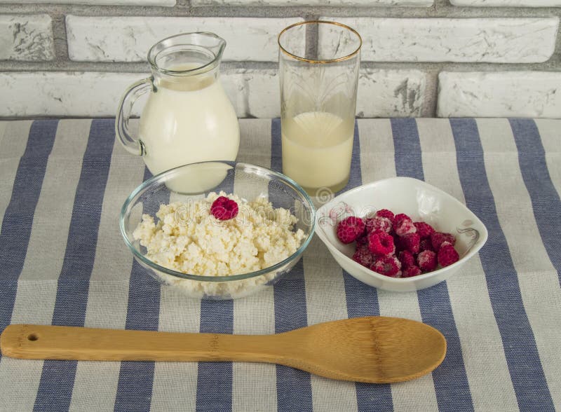 Diet Cottage Cheese with Fresh Raspberries and Milk Stock Photo Image