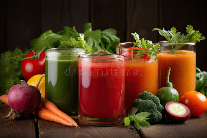 Diet Fresh Different Vegetable Juices. Generative AI Stock Illustration