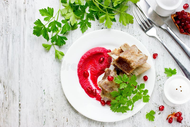 Diet for Hemoglobin Beef Beet Pomegranate Garnish Green Parsley Stock