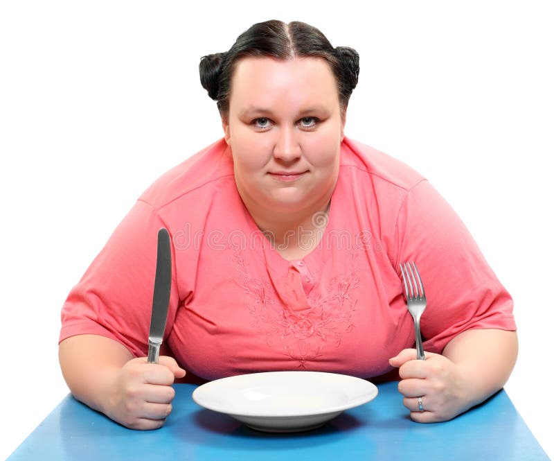 Hungry obese woman with empty plate. 
