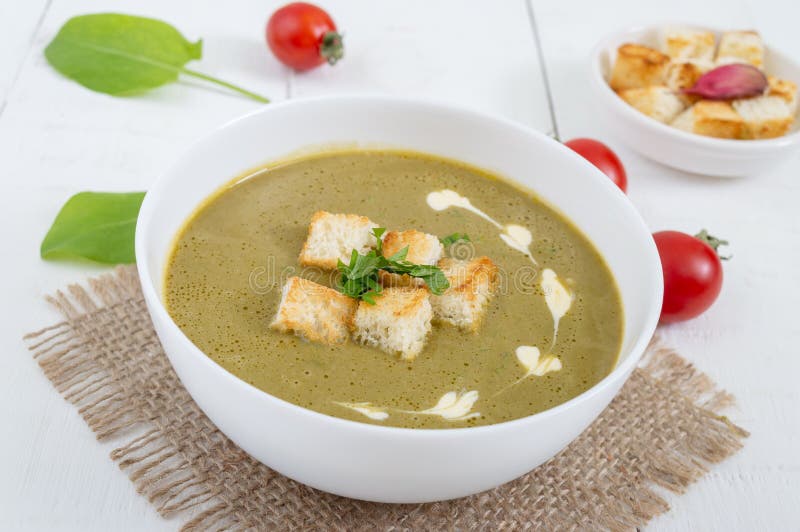 Diet Puree Soup with Spinach and Croutons Stock Image Image of