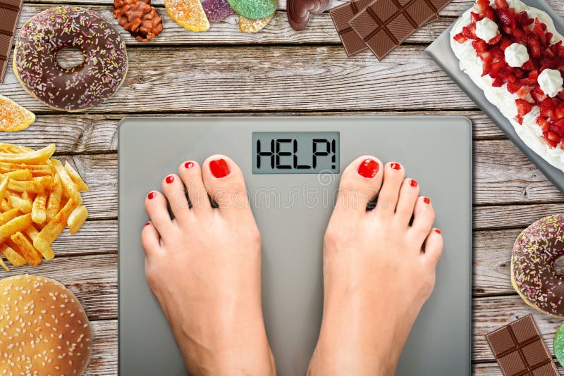 https://thumbs.dreamstime.com/b/diet-temptation-hard-to-lose-weight-concept-woman-weighing-bathroom-scale-many-sweets-fast-food-around-diet-121133806.jpg