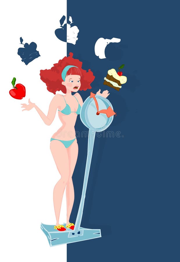 Red hair girl in a blue bikini is on to balance her priority in food or life. natural and healthy food or sweat delicius cakes?. Red hair girl in a blue bikini is on to balance her priority in food or life. natural and healthy food or sweat delicius cakes?