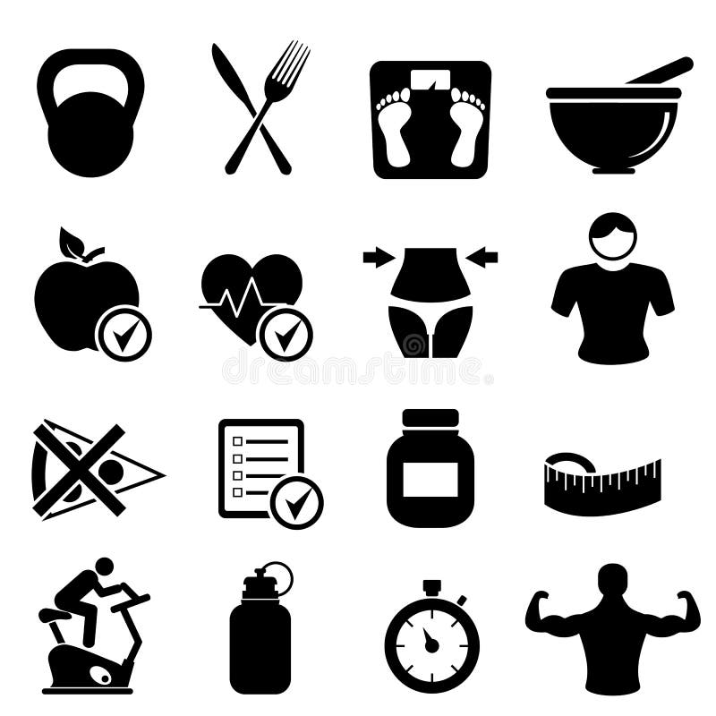 Diet, fitness and healthy living icon set. Diet, fitness and healthy living icon set