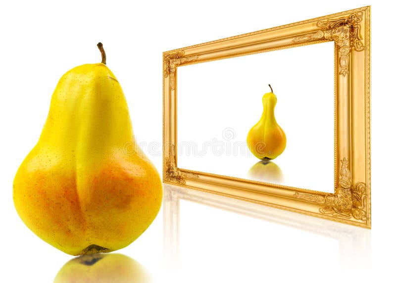 Pear looks at her reflection in the mirror. Pear looks at her reflection in the mirror