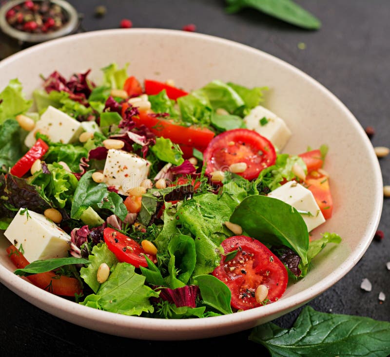 Dietary Salad with Tomatoes, Feta, Lettuce, Spinach Stock Image Image