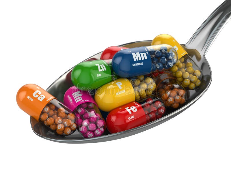 Dietary supplements. Variety pills. Vitamin capsules on the spoon. stock illustration Dietary supplements. Variety pills. Vitamin capsules on the spoon. stock illustration