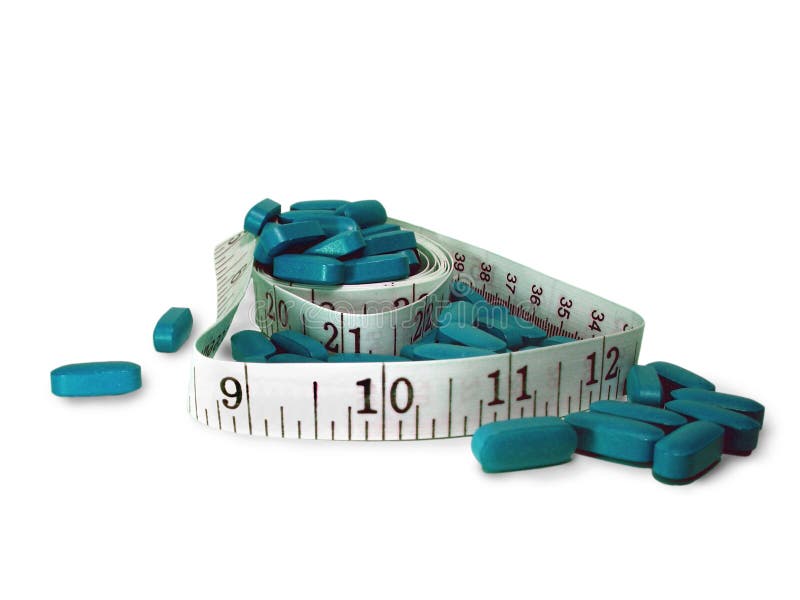 Measuring tape nestled among blue diet pills, diet supplements pushed by Dr. Oz. Measuring tape nestled among blue diet pills, diet supplements pushed by Dr. Oz