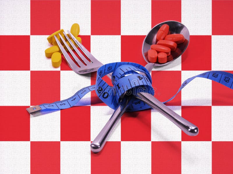 Fork and knife set on a picnic table cloth, wrapped with a blue measuring tape with diet pills. Fork and knife set on a picnic table cloth, wrapped with a blue measuring tape with diet pills