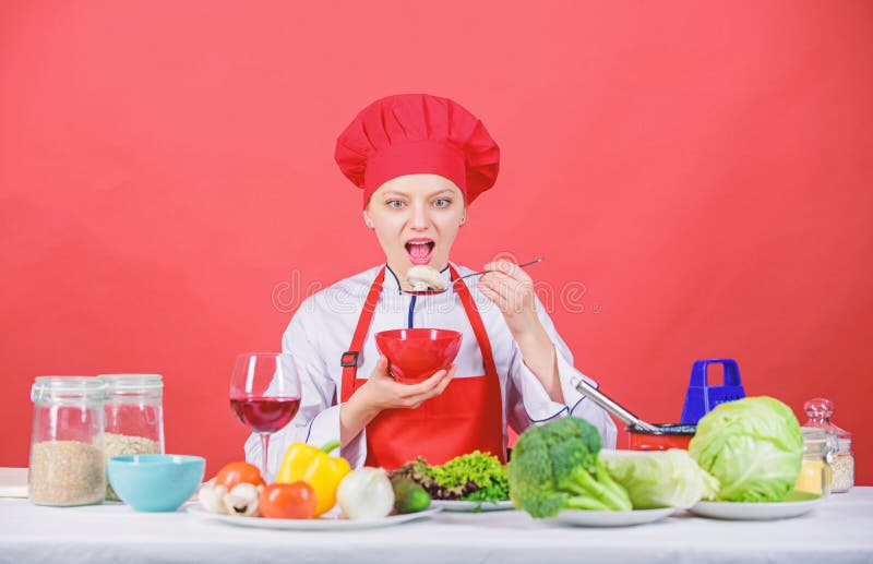 Dieting Concept. Eat Healthy. Girl Wear Hat and Apron Try Meal Taste ...