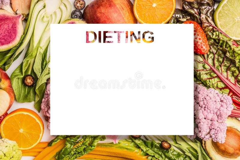 Dieting plan concept. Colorful fruits and vegetables background with blank isolated sheet for your design , top view. stock photos Dieting plan concept. Colorful fruits and vegetables background with blank isolated sheet for your design , top view. stock photos