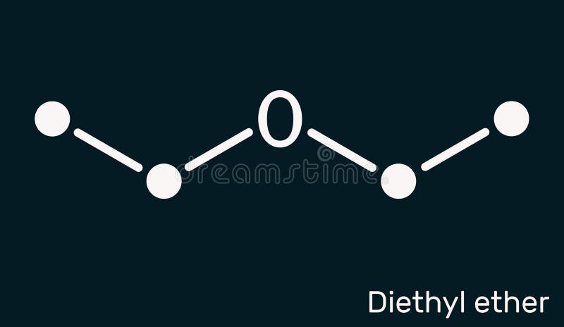 Dietyleteretyletermolekyl. Det är en eter i vilken syreatomen är kopplad till två etylgrupper. skelettkemikalie. Skelkemisk formel på mörkblå bakgrund. illustration.