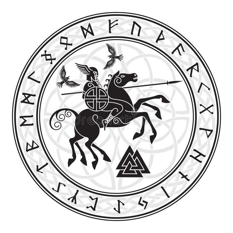 Dieu Wotan, montant sur un cheval Sleipnir avec une lance et deux corbeaux en cercle des runes des norses Illustration des norses illustration de vecteur Dieu Wotan, montant sur un cheval Sleipnir avec une lance et deux corbeaux en cercle des runes des norses Illustration des norses illustration de vecteur
