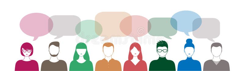 Diferentes personas de color y burbujas de voz isotadas en la ilustración horizontal de fondo blanco ilustración del vector