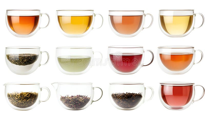 Diferentes tipos de té en copas de vidrio aisladas en blanco. Diferentes tipos de té en copas de vidrio aisladas en set blanco se generan