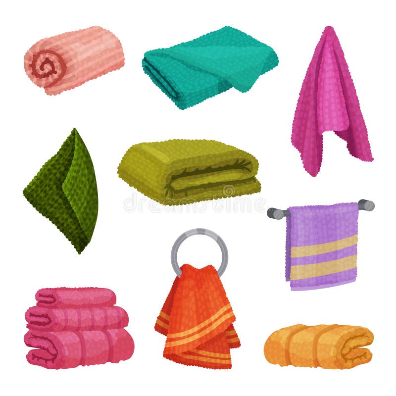 Different Hanging and Folded Towels for Kitchen and Bathroom Vector Set. Soft Textile for Drying Concept. Different Hanging and Folded Towels for Kitchen and Bathroom Vector Set. Soft Textile for Drying Concept