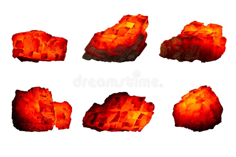 Diferite bucăți de cărbune cald izolate pe fond alb, apropiate. un grup de cărbuni arși de diferite forme și temperaturi stock image