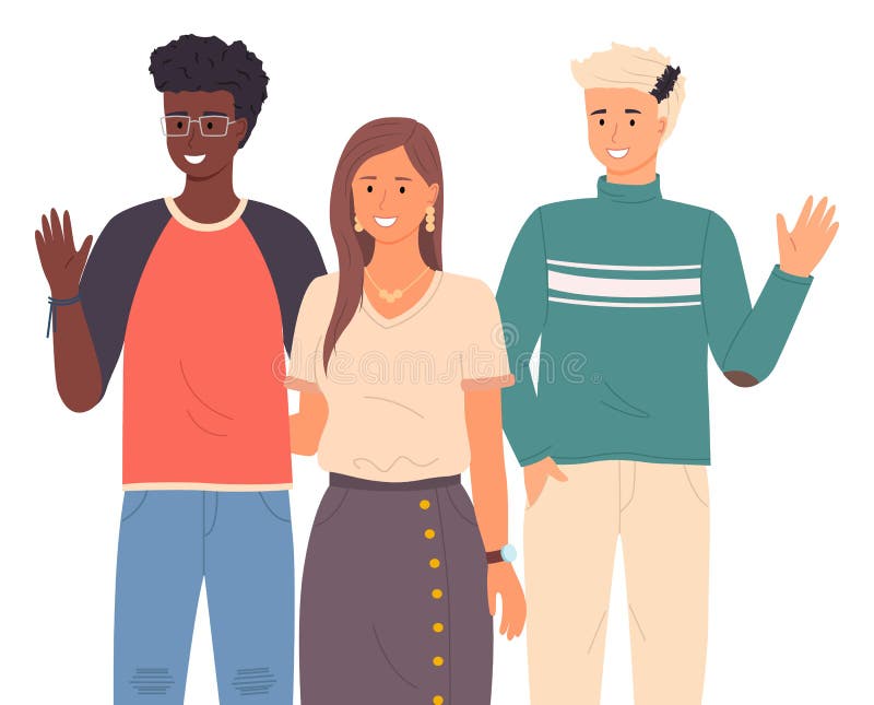 Diferite rase pe care tinerii le salută. salută în diferite limbi. băieți prietenoși și fete vector illustration