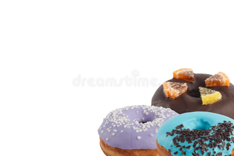 Different bright tasty donuts on a white background. Place under the text. Diversity. Close-up