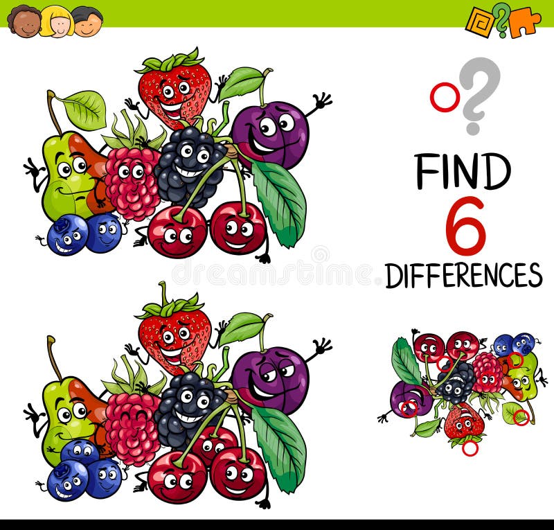 Cartoon Illustration of Finding the Difference Educational Activity for Children with Fruit Characters. Cartoon Illustration of Finding the Difference Educational Activity for Children with Fruit Characters