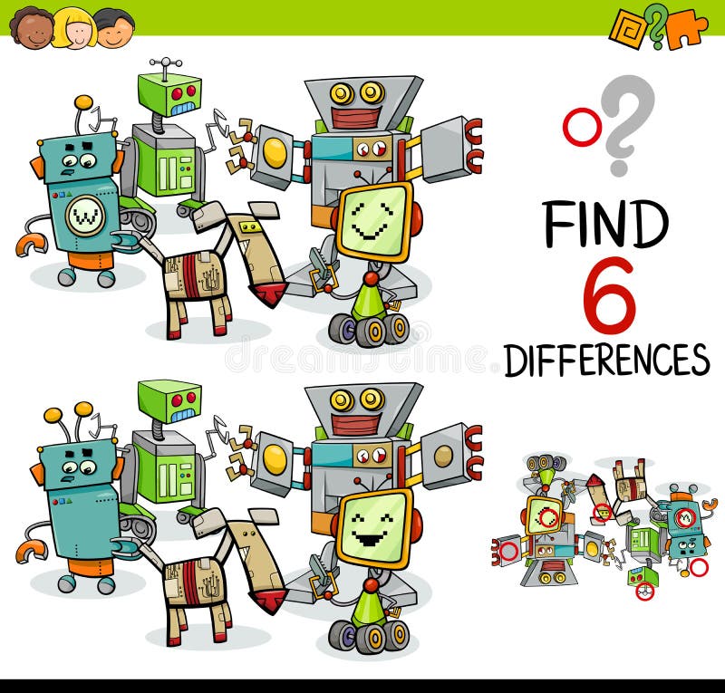 Cartoon Illustration of Finding the Difference Educational Activity for Children with Robot Characters. Cartoon Illustration of Finding the Difference Educational Activity for Children with Robot Characters