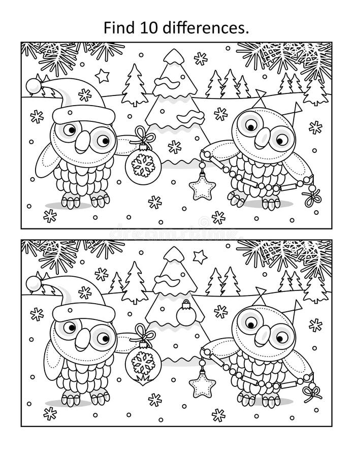 Difference game with two owls decorating christmas tree.