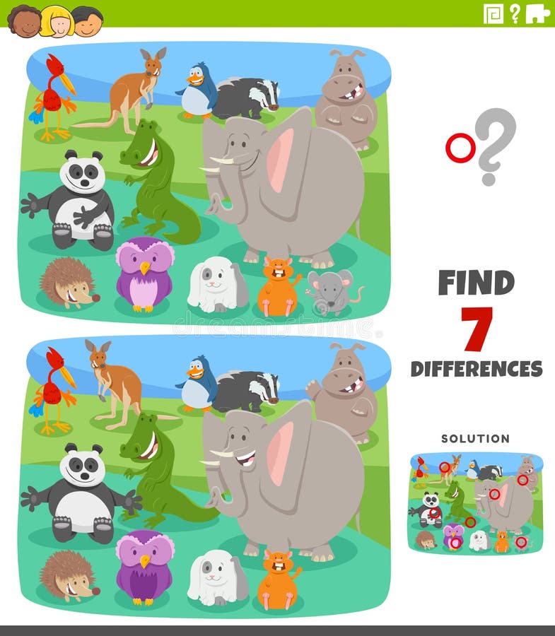 Cartoon Illustration of Finding Differences Between Pictures Educational Task for Kids with Funny Animal Characters Group. Cartoon Illustration of Finding Differences Between Pictures Educational Task for Kids with Funny Animal Characters Group