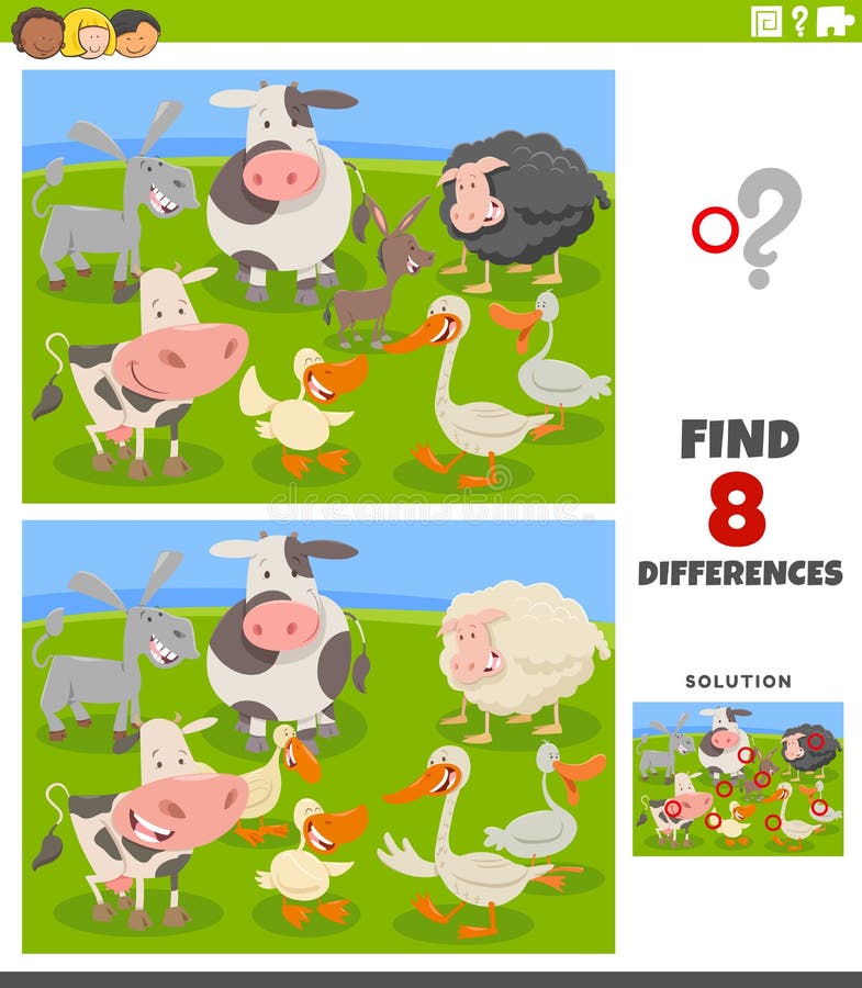 Cartoon Illustration of Finding Differences Between Pictures Educational Task for Kids with Funny Farm Animal Characters Group. Cartoon Illustration of Finding Differences Between Pictures Educational Task for Kids with Funny Farm Animal Characters Group