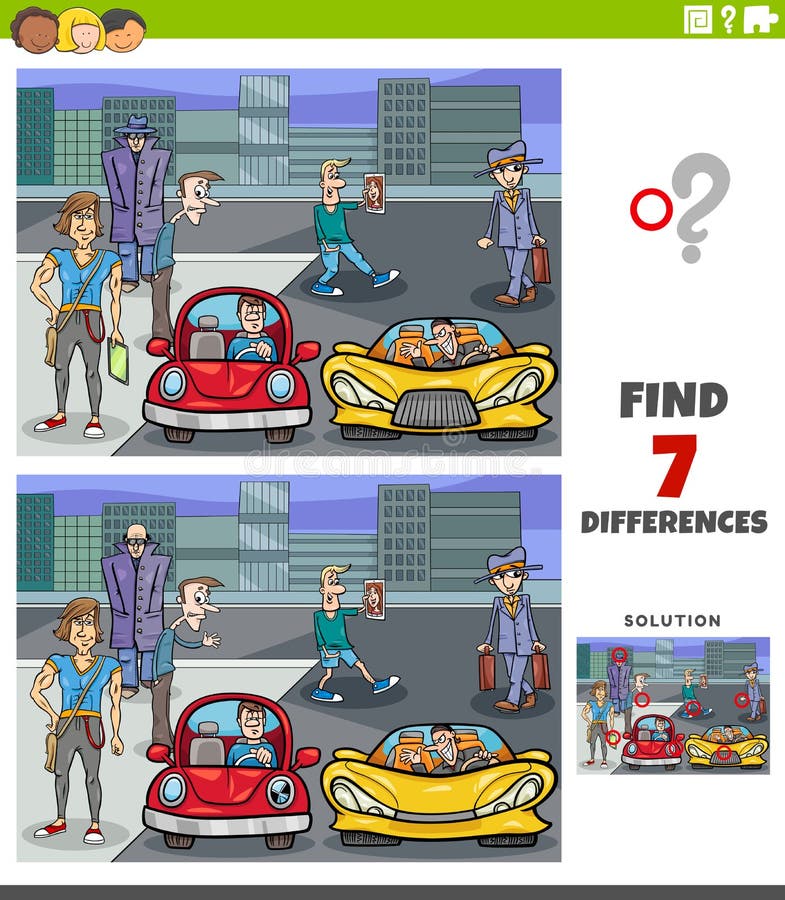 Cartoon Illustration of Finding Differences Between Pictures Educational Task for Kids with People Group in the City. Cartoon Illustration of Finding Differences Between Pictures Educational Task for Kids with People Group in the City