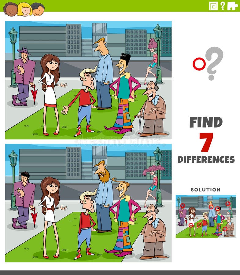 Cartoon Illustration of Finding Differences Between Pictures Educational Task for Kids with People Group. Cartoon Illustration of Finding Differences Between Pictures Educational Task for Kids with People Group