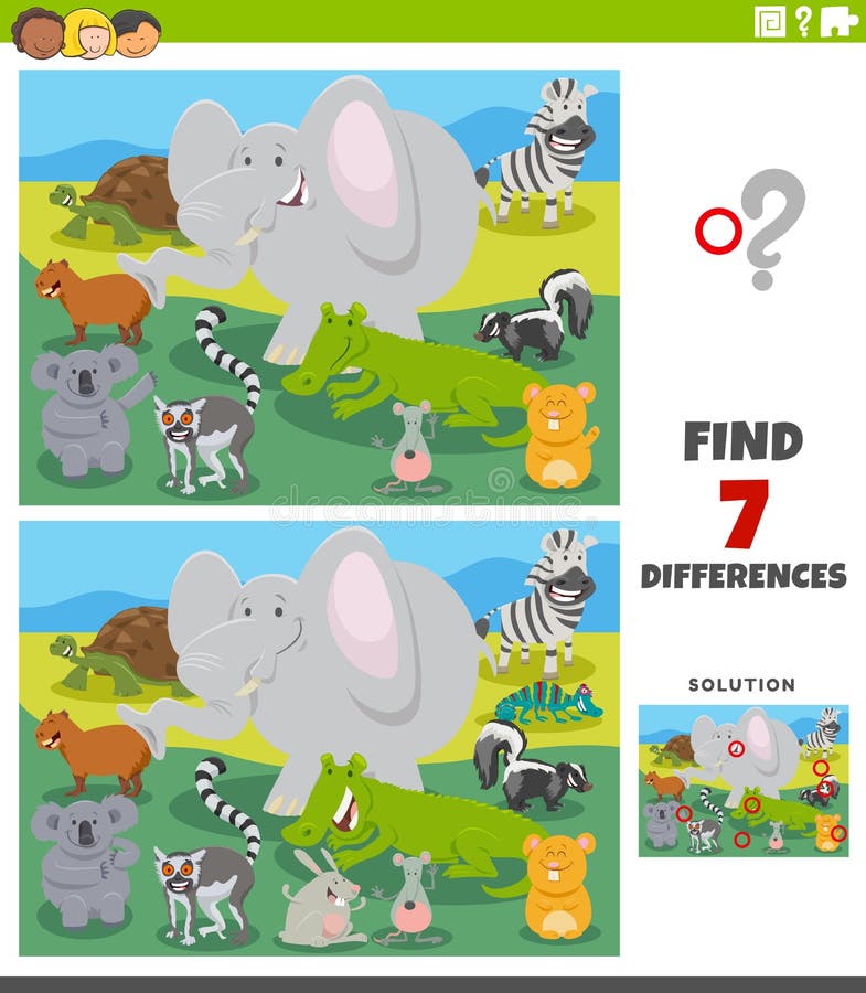 Cartoon Illustration of Finding Differences Between Pictures Educational Task for Kids with Wild Animal Characters Group. Cartoon Illustration of Finding Differences Between Pictures Educational Task for Kids with Wild Animal Characters Group