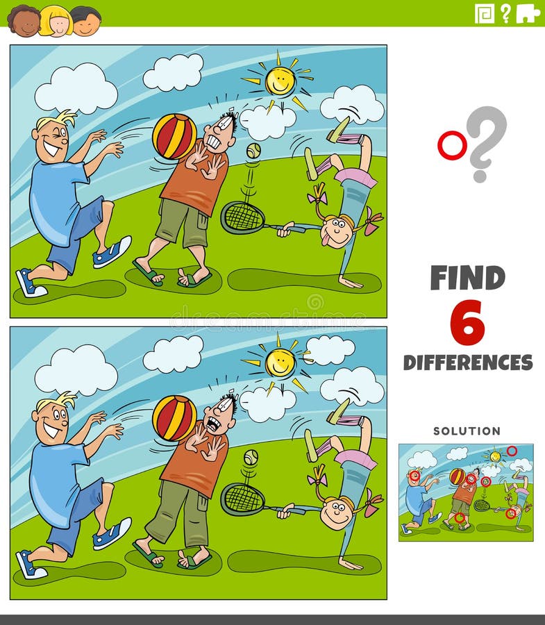 Cartoon illustration of finding the differences between pictures educational game with kids characters playing in the park. Cartoon illustration of finding the differences between pictures educational game with kids characters playing in the park