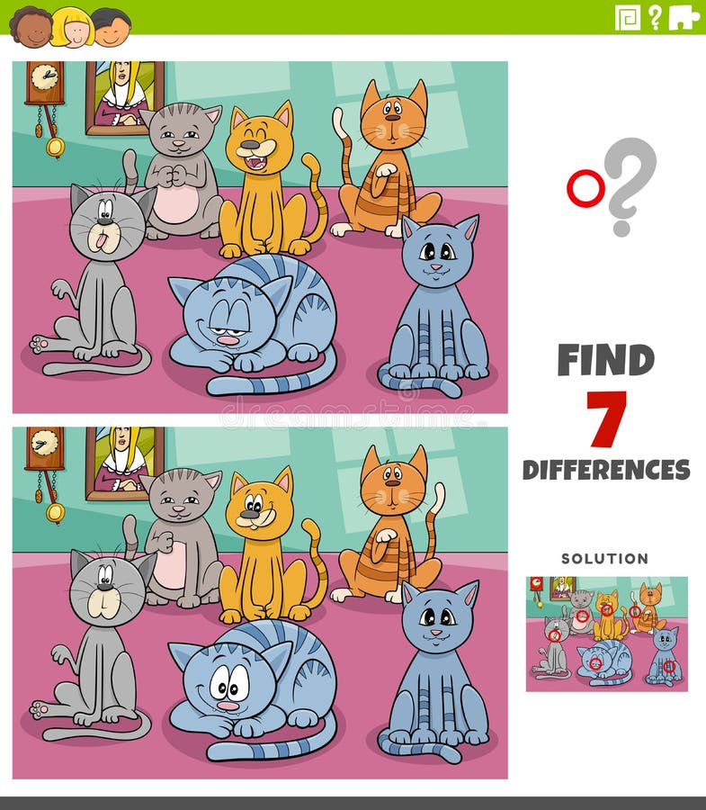 Cartoon Illustration of Finding Differences Between Pictures Educational Task for Children with Funny Cats Characters Group. Cartoon Illustration of Finding Differences Between Pictures Educational Task for Children with Funny Cats Characters Group