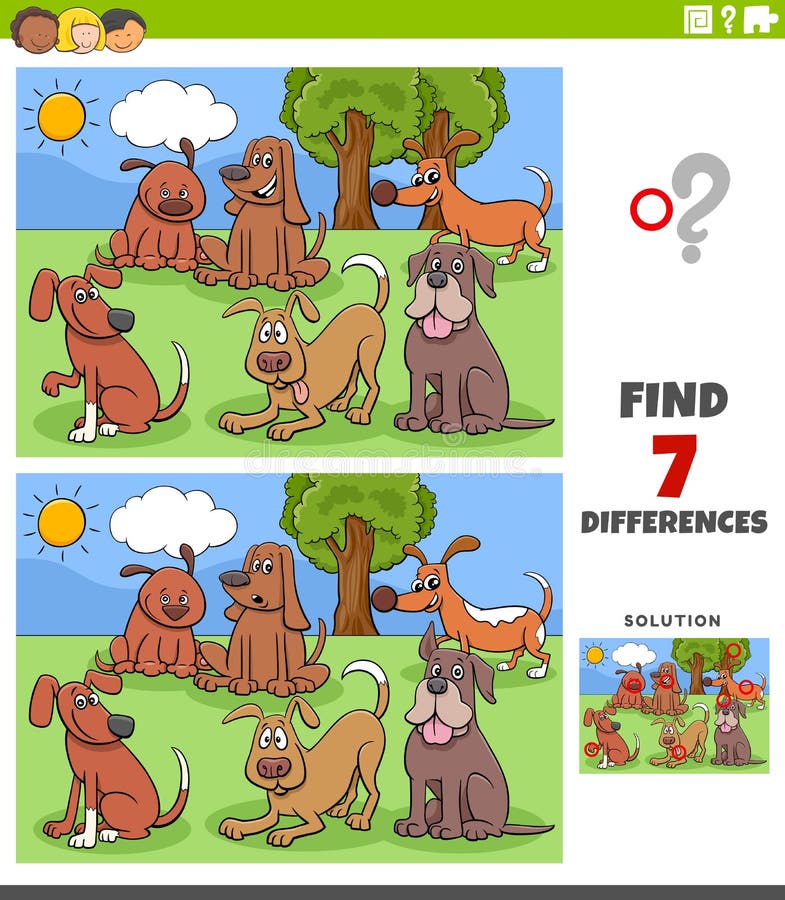 Cartoon Illustration of Finding Differences Between Pictures Educational Task for Kids with Funny Dog Characters Group. Cartoon Illustration of Finding Differences Between Pictures Educational Task for Kids with Funny Dog Characters Group