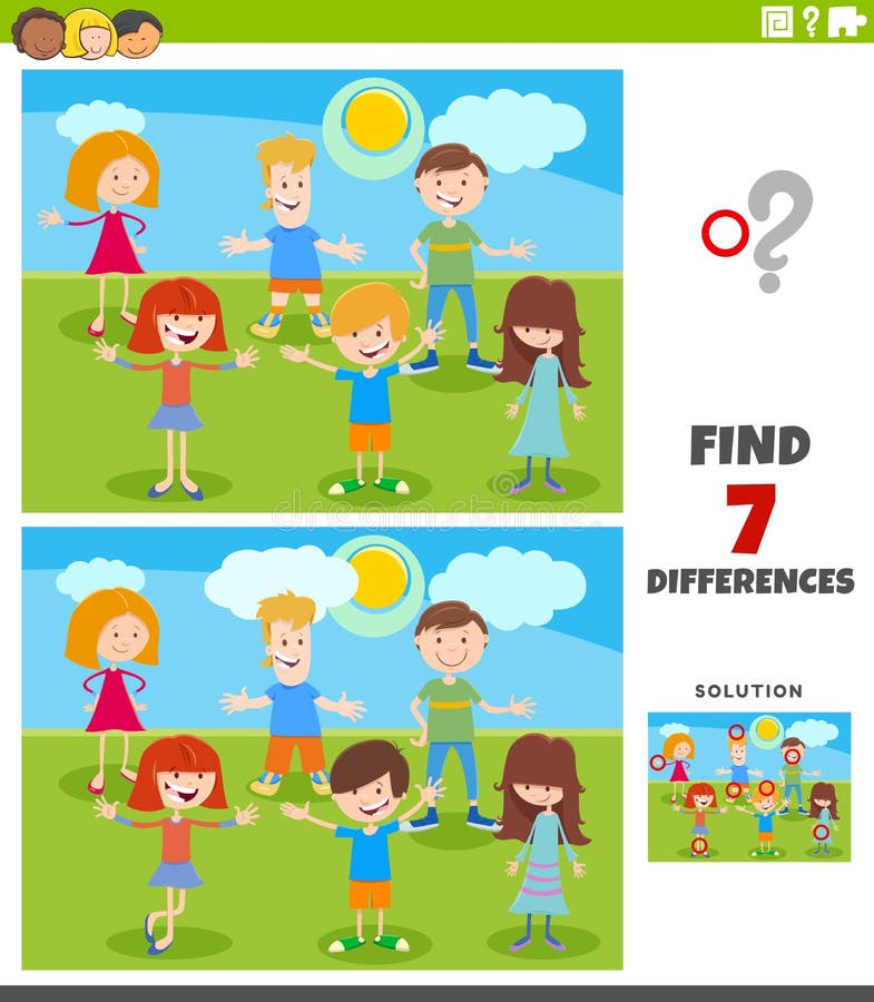 Cartoon Illustration of Finding Differences Between Pictures Educational Task for Children with Funny Kid Characters Group. Cartoon Illustration of Finding Differences Between Pictures Educational Task for Children with Funny Kid Characters Group