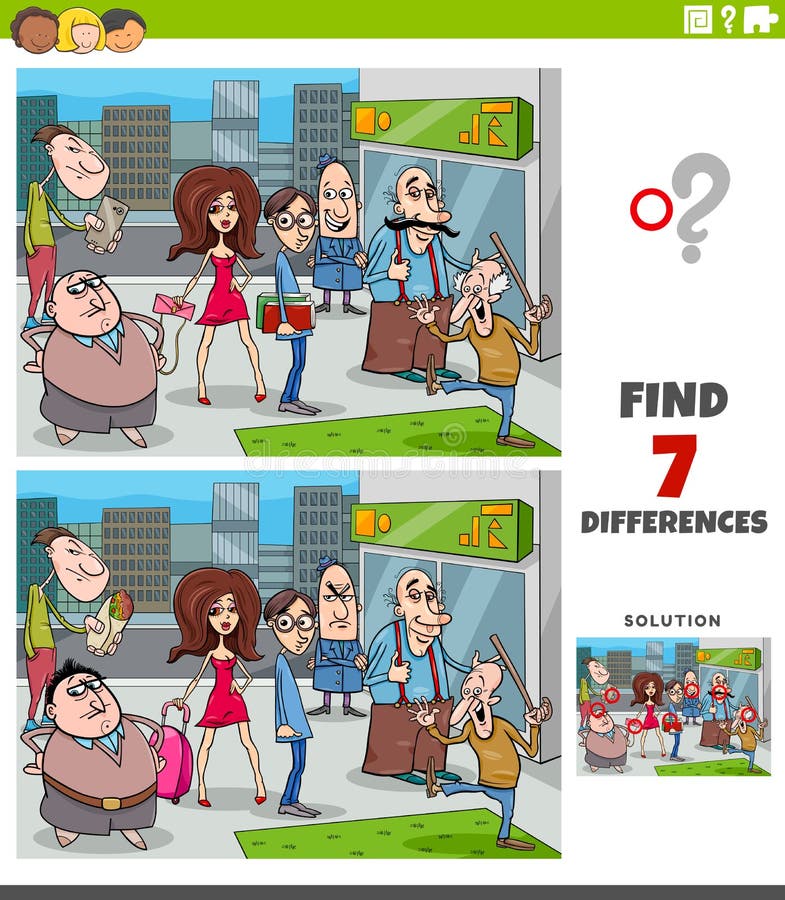 Cartoon Illustration of Finding Differences Between Pictures Educational Task for Children with People Characters Group. Cartoon Illustration of Finding Differences Between Pictures Educational Task for Children with People Characters Group