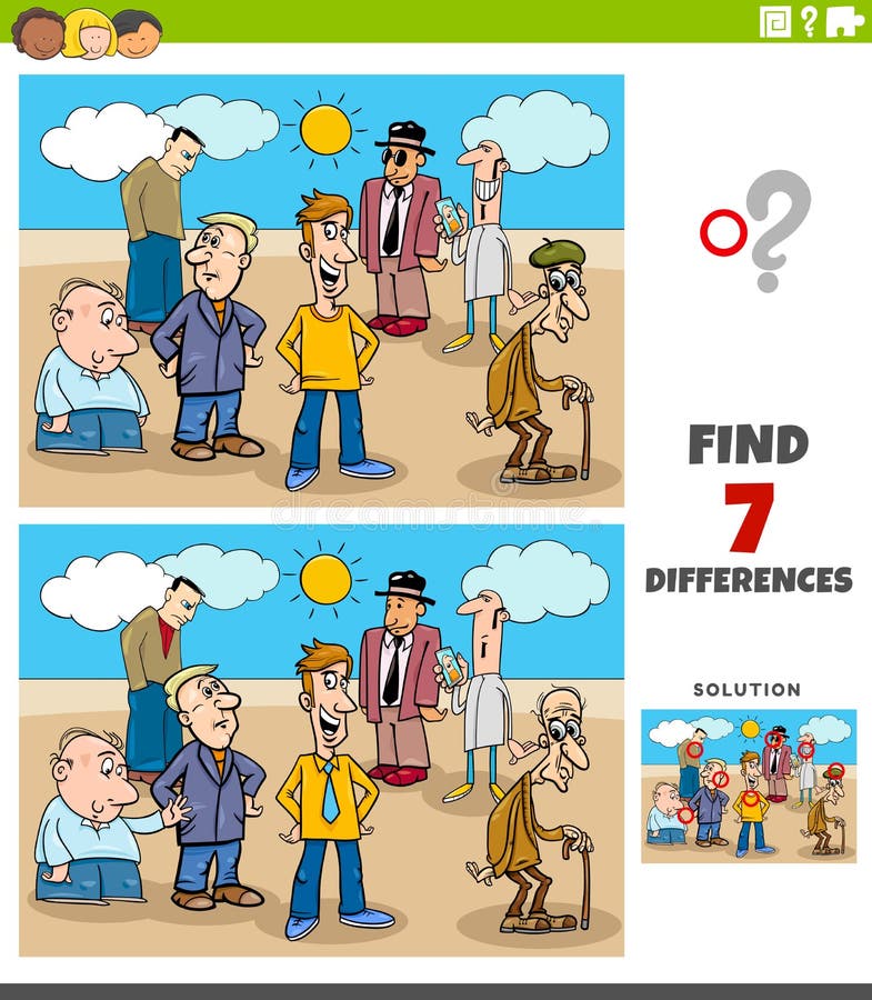 Cartoon Illustration of Finding Differences Between Pictures Educational Task for Kids with People Characters Group. Cartoon Illustration of Finding Differences Between Pictures Educational Task for Kids with People Characters Group