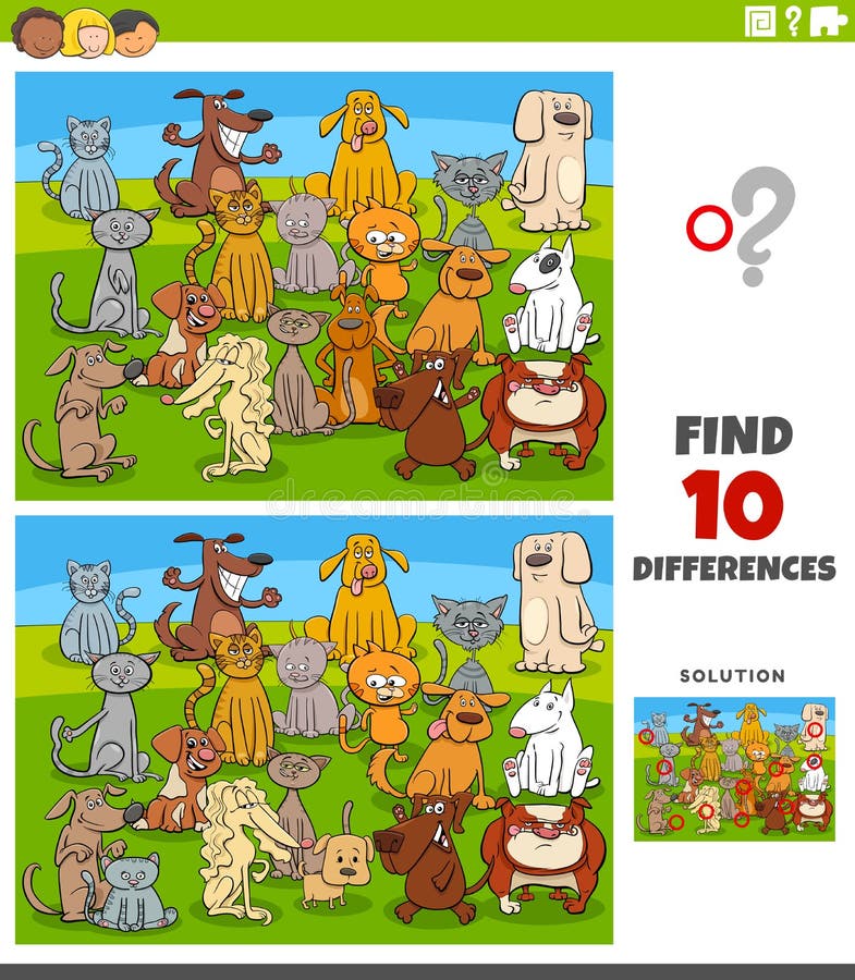 Cartoon Illustration of Finding Differences Between Pictures Educational Task for Kids with Comic Cats and Dogs Group. Cartoon Illustration of Finding Differences Between Pictures Educational Task for Kids with Comic Cats and Dogs Group