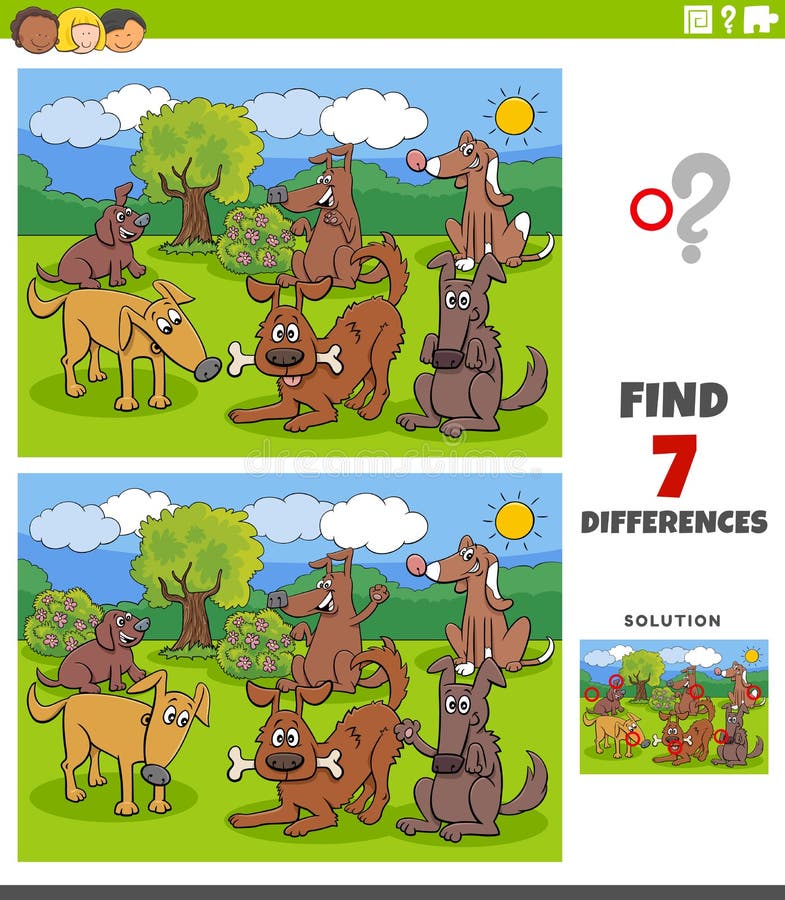 Cartoon Illustration of Finding Differences Between Pictures Educational Task for Kids with Dogs and Puppies Group. Cartoon Illustration of Finding Differences Between Pictures Educational Task for Kids with Dogs and Puppies Group