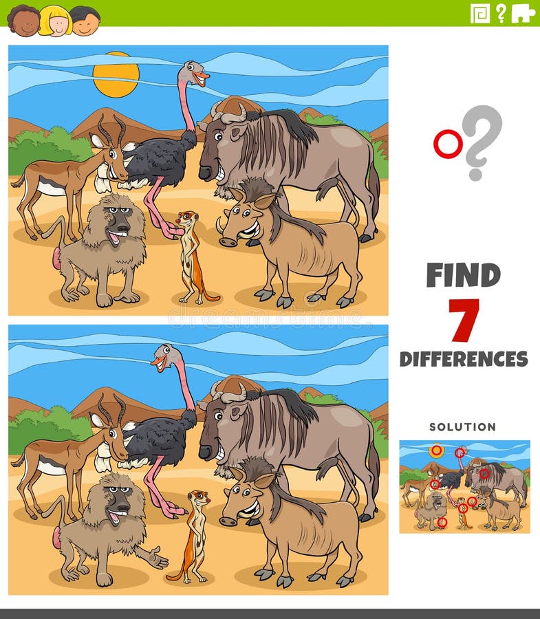 Cartoon Illustration of Finding Differences Between Pictures Educational Game for Kids with Comic Wild Animal Characters Group. Cartoon Illustration of Finding Differences Between Pictures Educational Game for Kids with Comic Wild Animal Characters Group