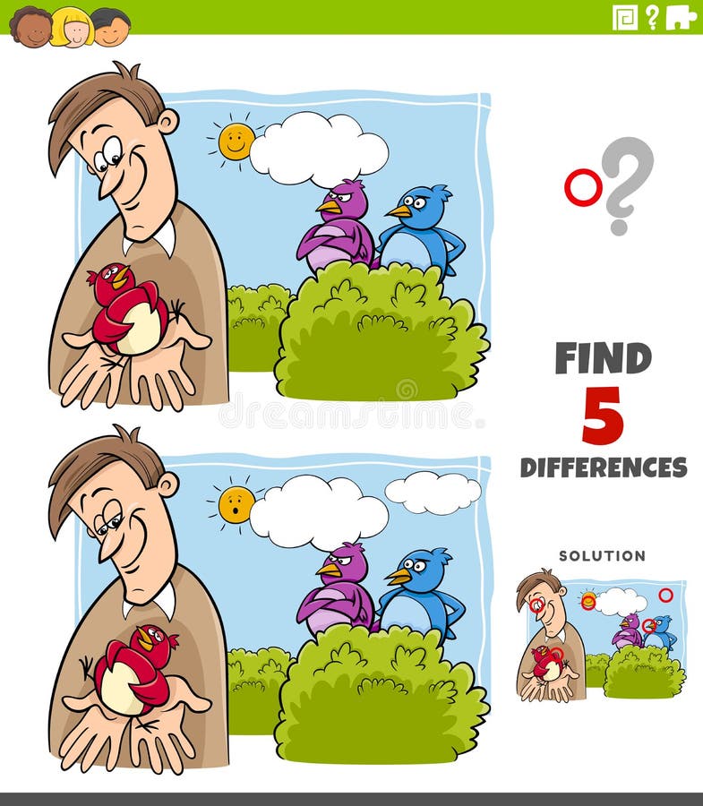 Cartoon illustration of finding the differences between pictures educational game for children with a bird in the hand is worth two in the bush saying. Cartoon illustration of finding the differences between pictures educational game for children with a bird in the hand is worth two in the bush saying