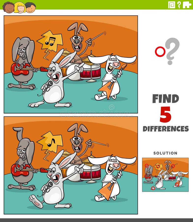 Cartoon illustration of finding the differences between pictures educational game for children with rabbits rock music band. Cartoon illustration of finding the differences between pictures educational game for children with rabbits rock music band