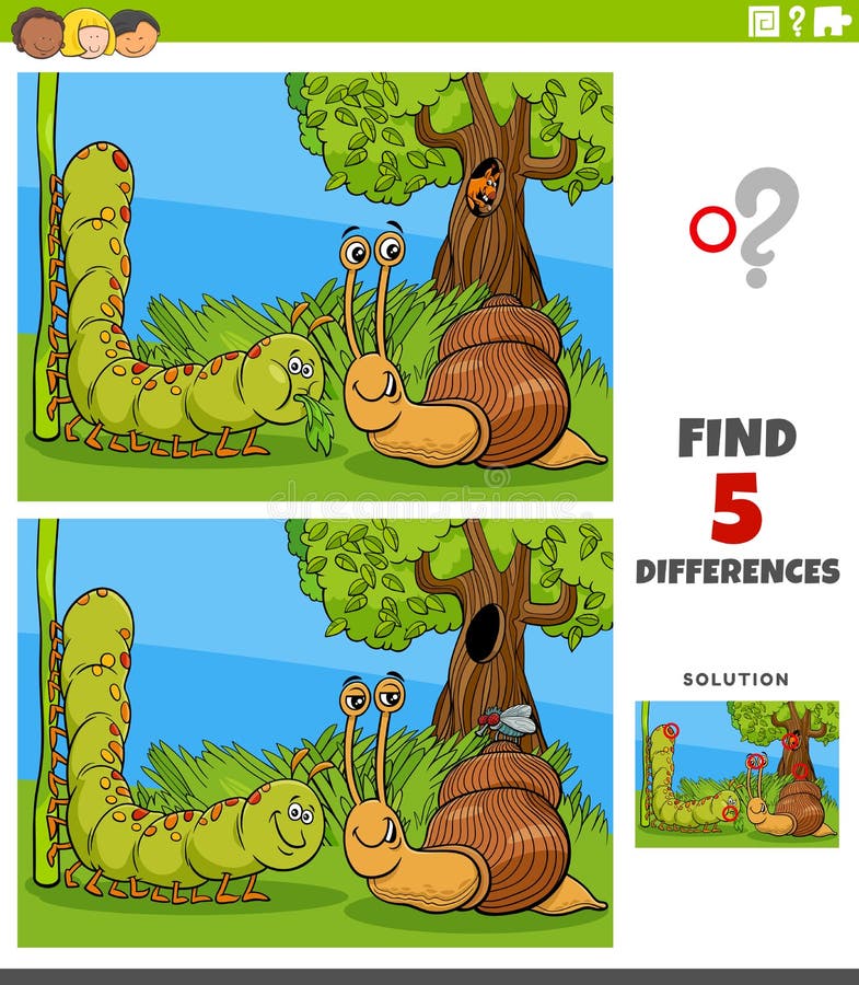 Cartoon illustration of finding the differences between pictures educational game for children with caterpillar and snail and fly. Cartoon illustration of finding the differences between pictures educational game for children with caterpillar and snail and fly